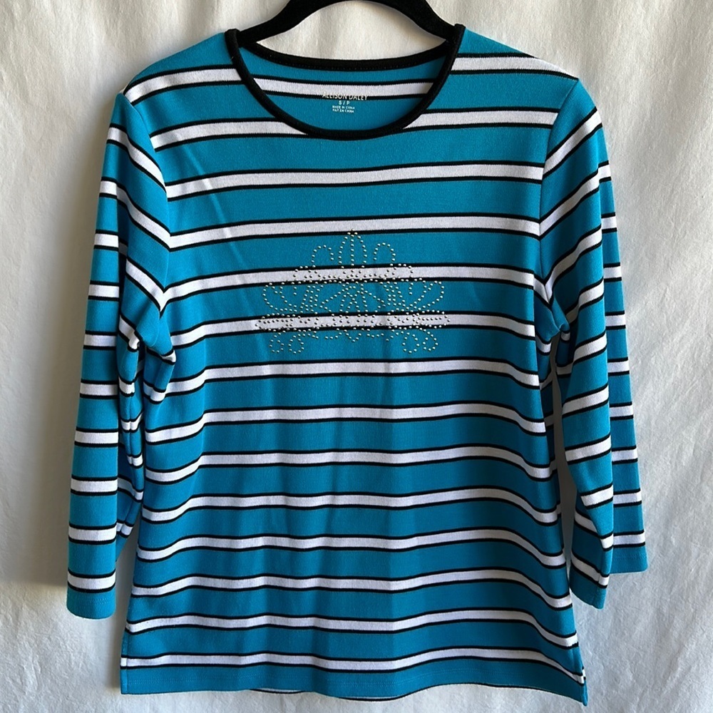 Allison Daley aqua, white, and black striped 3/4-sleeved top, size PS